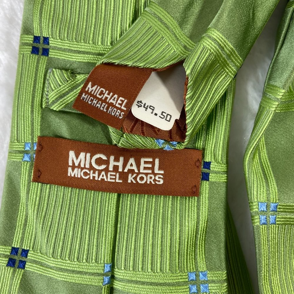 MICHAEL Michael Kors Lime Green and Blue Square Pattern 100% Silk Necktie Tie - Picture 6 of 6